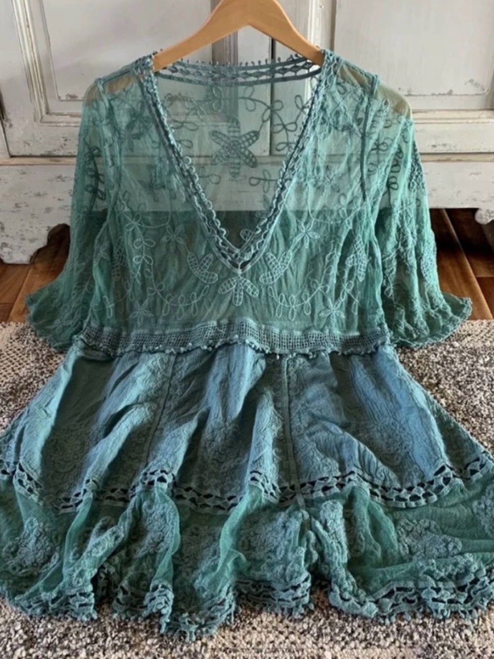 New Teal Lace Crochet Boho Folk Tunic Blouse Top Cover-Up Womens Turquoise - Picture 3 of 3